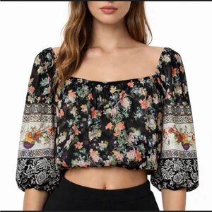 Alice + Olivia Clarabelle floral print boho peasant top cotton silk blend Medium